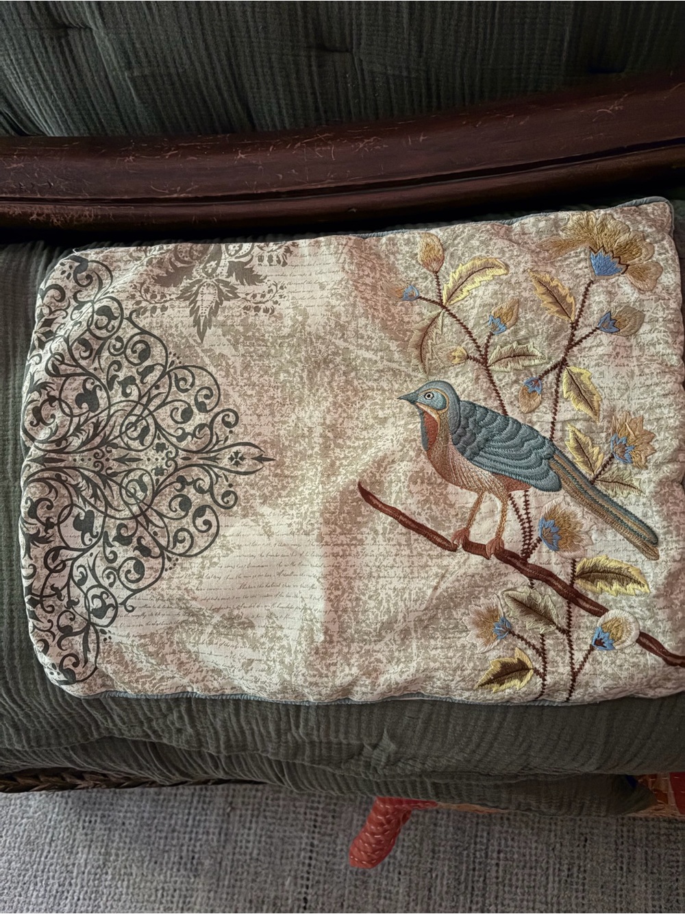 Embroidered Blue Bird Decorative Throw Pillow Cover
